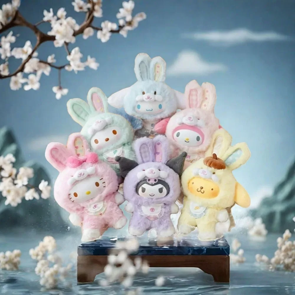 Sanrio 캐릭터 엘프 버니 베이비 시리즈 블라인드 박스 (봉제 인형 키 체인 포함) 생일 파티 호의를위한 깜짝 Collectible Figures