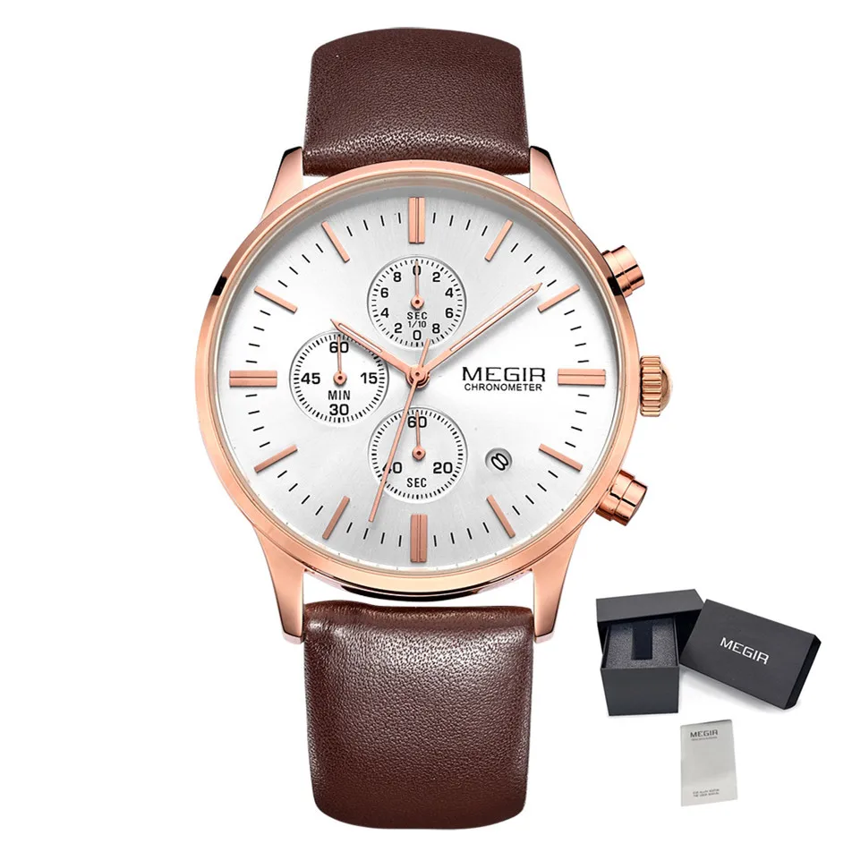 MEGIR 2011 Classic Men Quartz Watch Leather Strap Calendar Chronograph Luminous Waterproof Business Luxury Watches