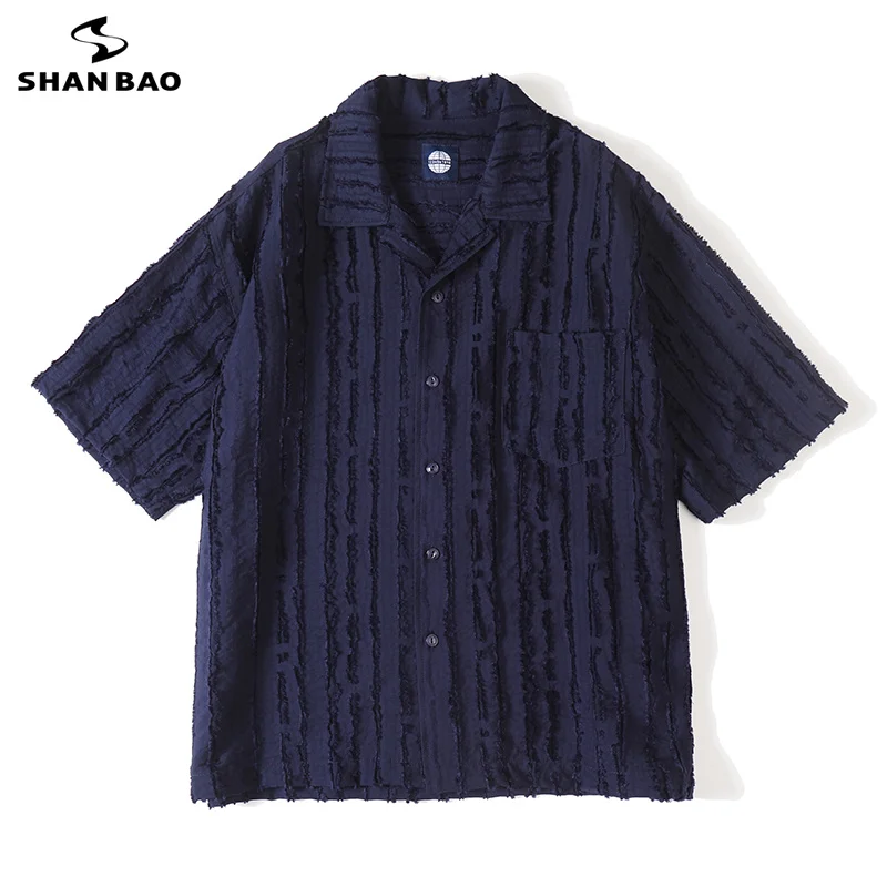 

SHAN BAO 2026 summer brand striped texture men's Cuban collar loose short-sleeved shirt navy Y2K vacation casual shirt baggy