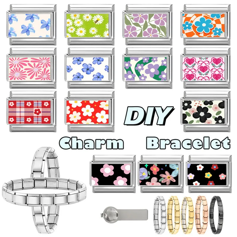 New Creative Flowers Series Cherry Heart Tulip Italian Charm Links Fit 9mm Stainless Steel Bracelet Women Men DIY Making Gift