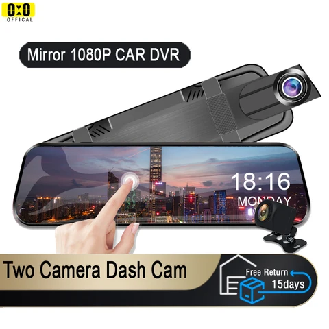 Câmera Espelho para Carro, Gravador de Vídeo com Tela Sensível ao Toque, Câmera Frontal e Traseira, Espelho DVR, Caixa Preta