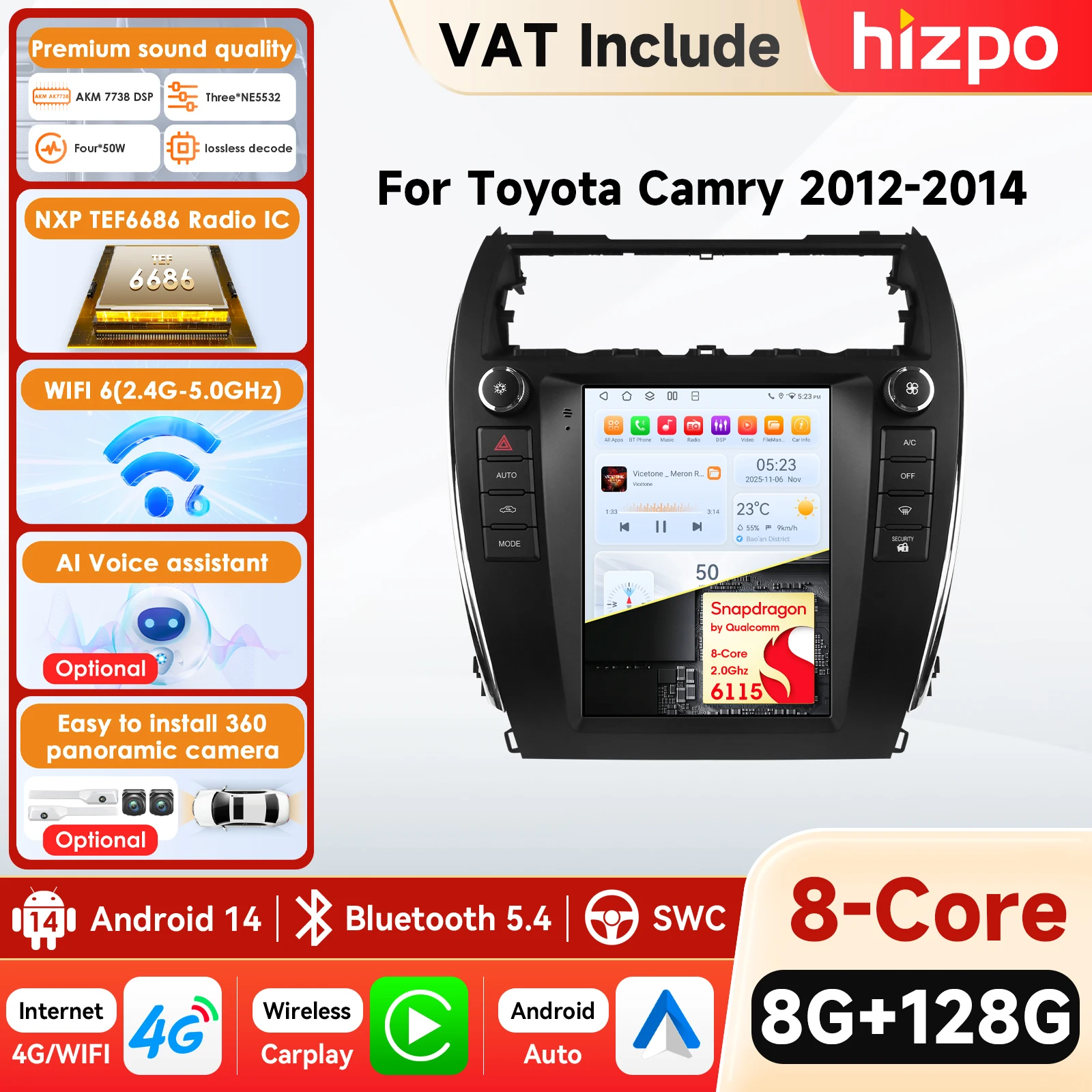 Reproductor de coche Hizpo 2Din Android 14 para Toyota Camry 2012-2014, GPS, Carplay, 4G, pantalla inteligente con IA, autorradio, cámara 360,