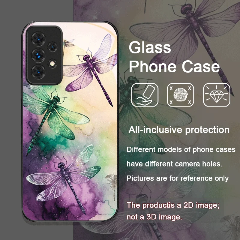 Vintage Dragonflies Floral Pattern Tempered Glass Phone Case for Samsung Galaxy A06 A72 A55 A54 A53 A52 A36 A15 A14 A13 5G Cover