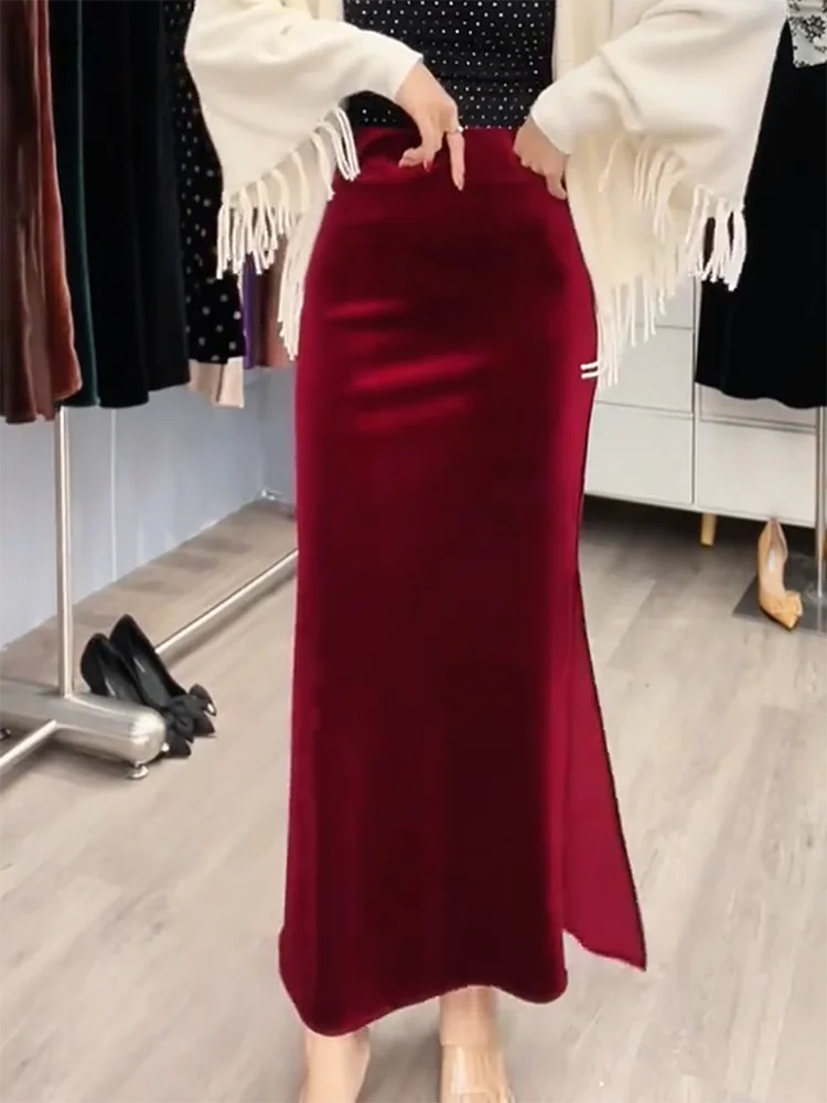 Wine Red Velvet Half Skirt Lazy Side Split Design Simple Wrap around Fish Tail Skirt Autumn Winter New Style Commute Korean S... view 2