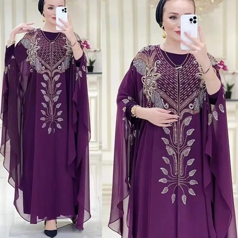 Islamic Clothing Trend Muslim Abaya Women Maxi Islam Dress Chiffon Rhinestone Robe Muslim Long Batwing Sleeve Maxi Kaftan