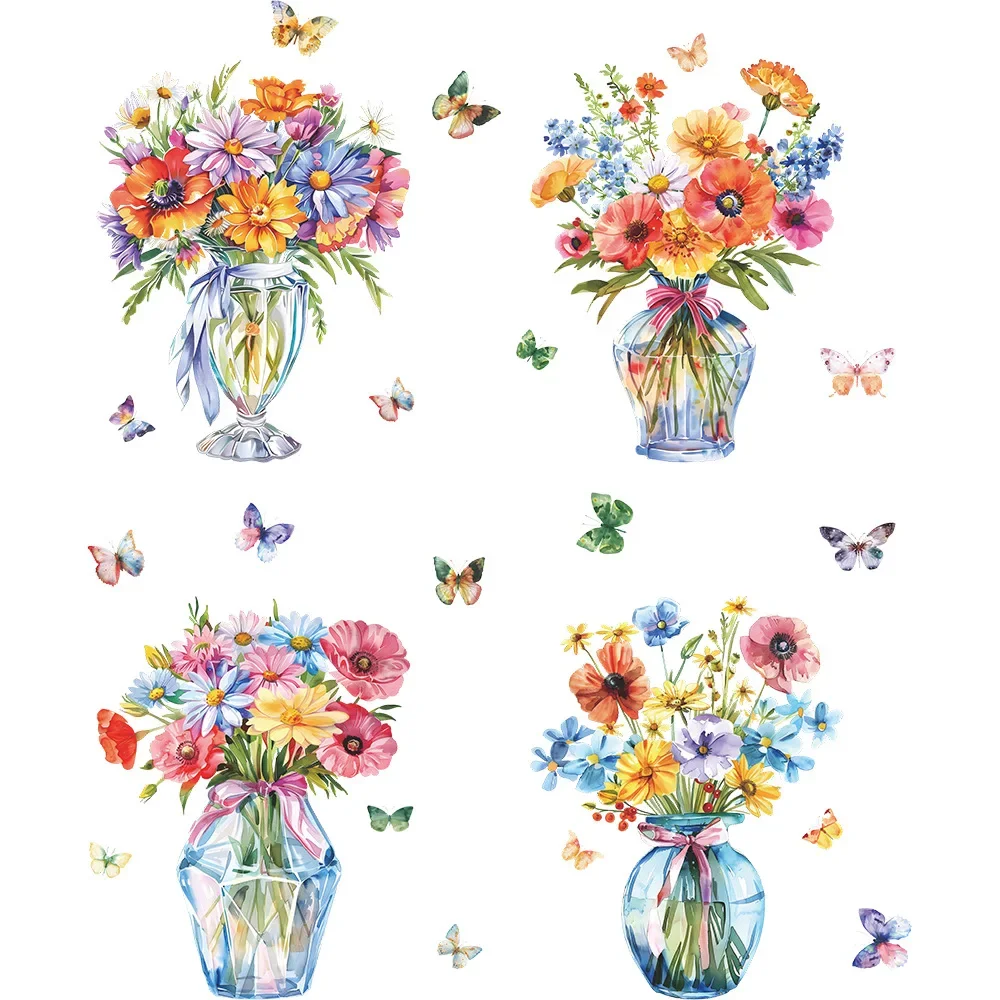 4PCS Watercolor Flower Vase Couplet Painting Glass Window Home Beautify Decoration Electrostatic Uv Window Sticker