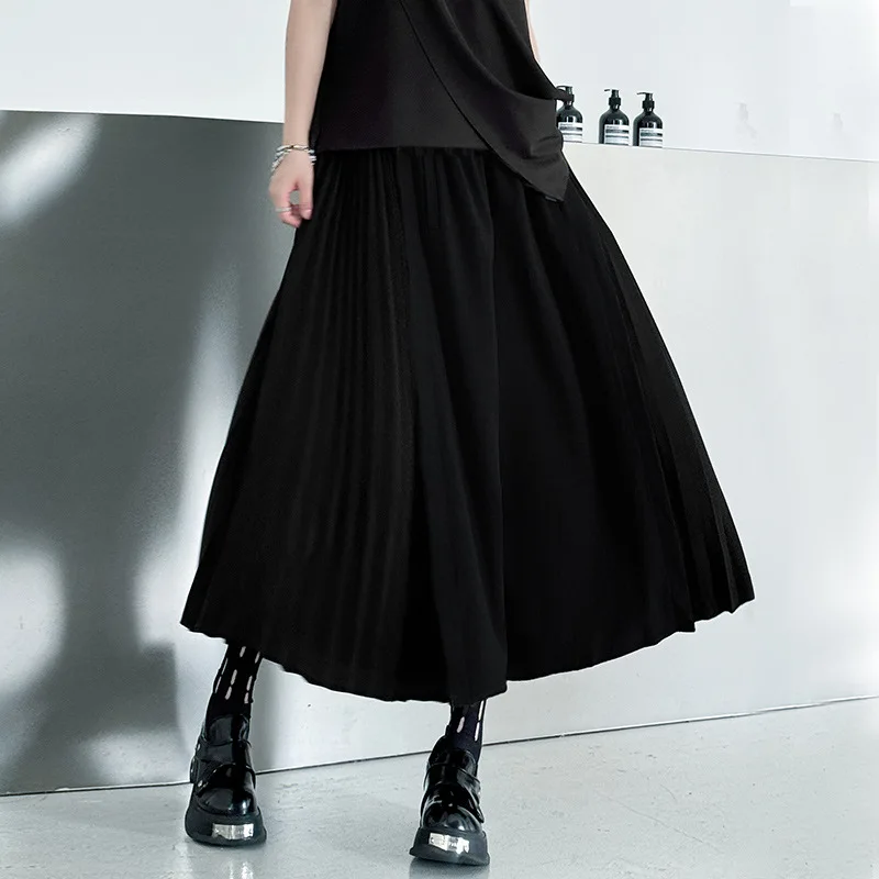 Women Pleated Pant Spliced Capris Color Block Empire Elastic Waist Wide Leg Pant Loose High Strech Streetwear Casual 2025 Autumn