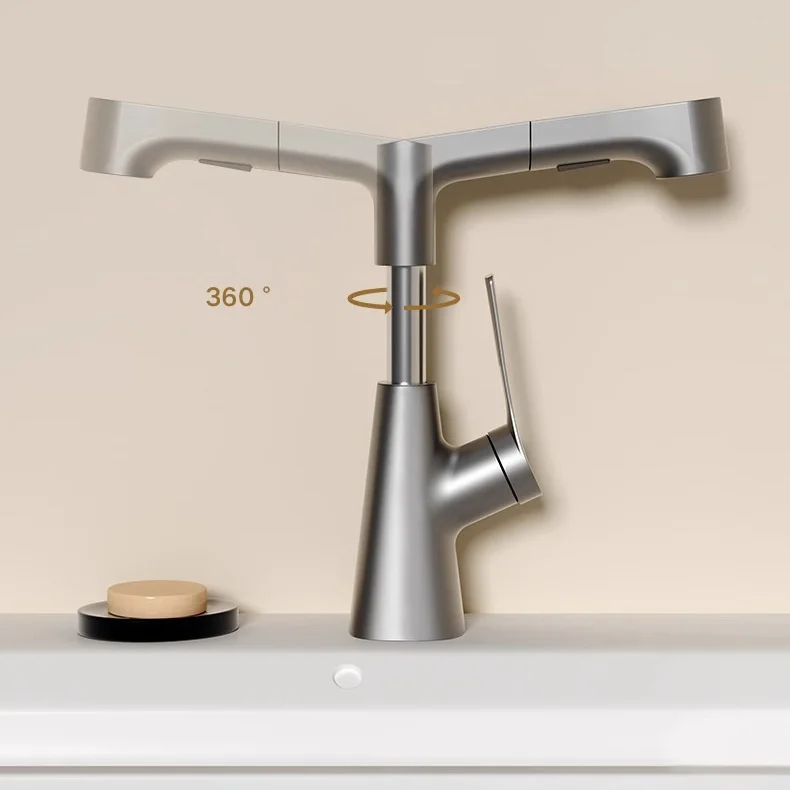 Modern Brass Grey Deck Mounted Single Handle Pull Out Spray Height Adjustable Basin Faucet Taps