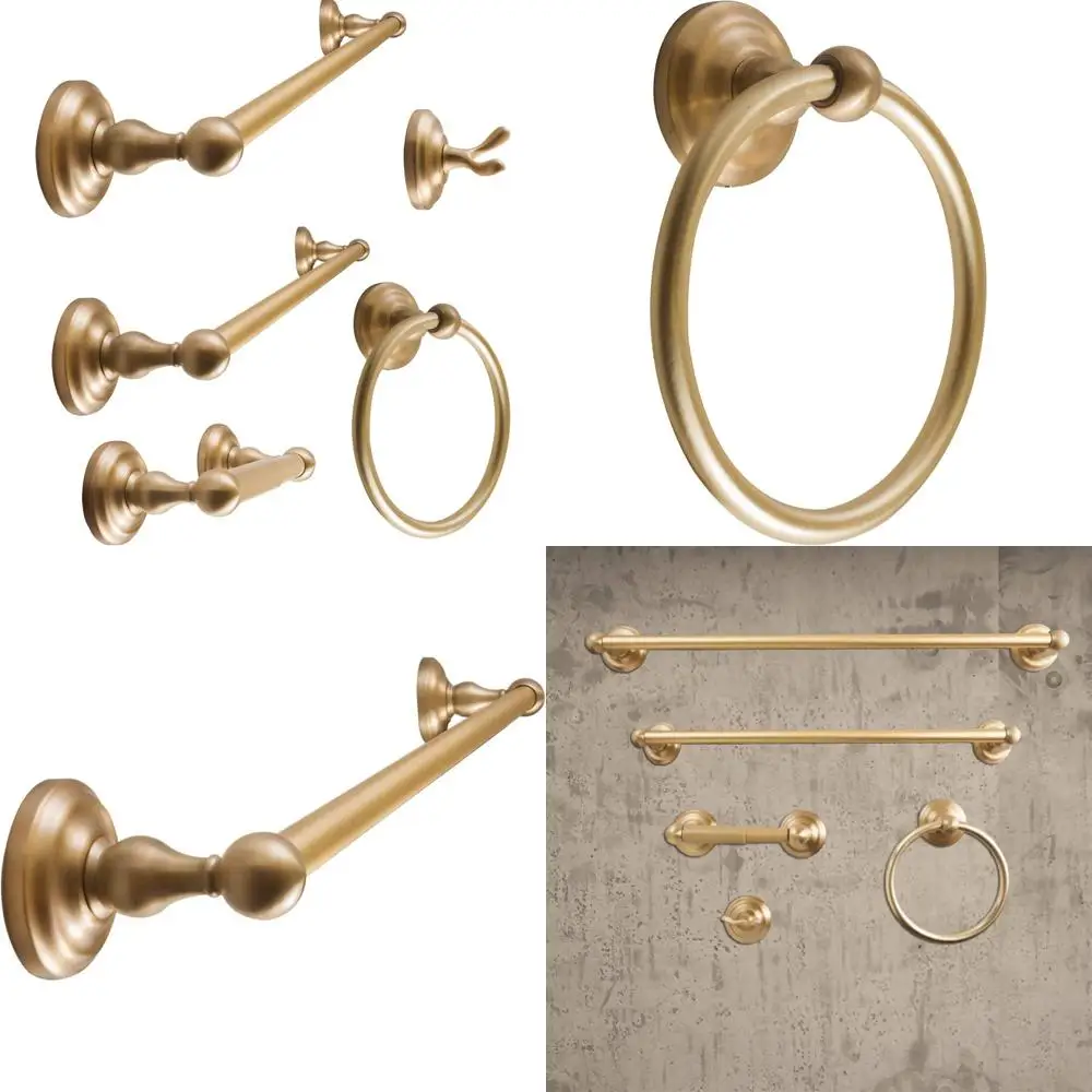 

5-Piece Satin Brass Bathroom Hardware Set with Robe Hook, Toilet Paper Holder, Towel Ring, 18 & 24 Towel Bars