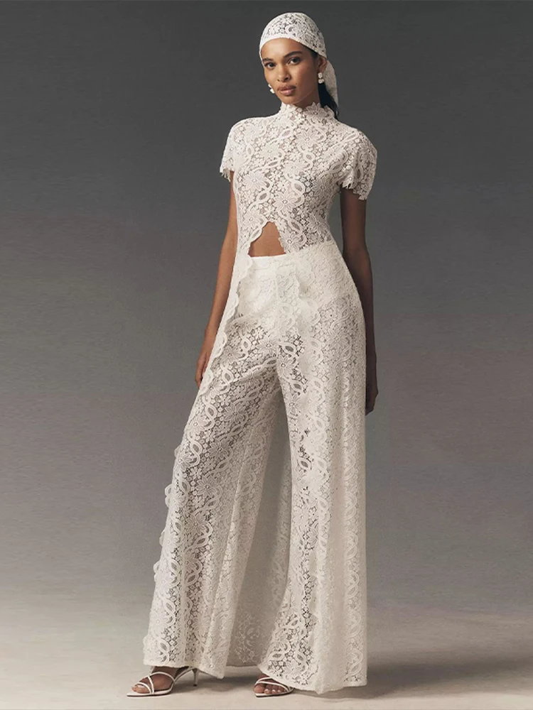 Casual Lace Long Coats Pant Set Women Solid See Through Tops Long Straight Pants Sets Female 2026 Summer Autumn Lady Suits New