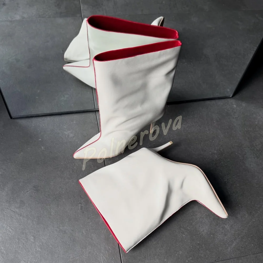 Red Contrast Edge White Mid Calf Boots Pointed Toe Thin Stiletto Heel Ankle Boots Leather Ladies Fashion Party Dress Boots