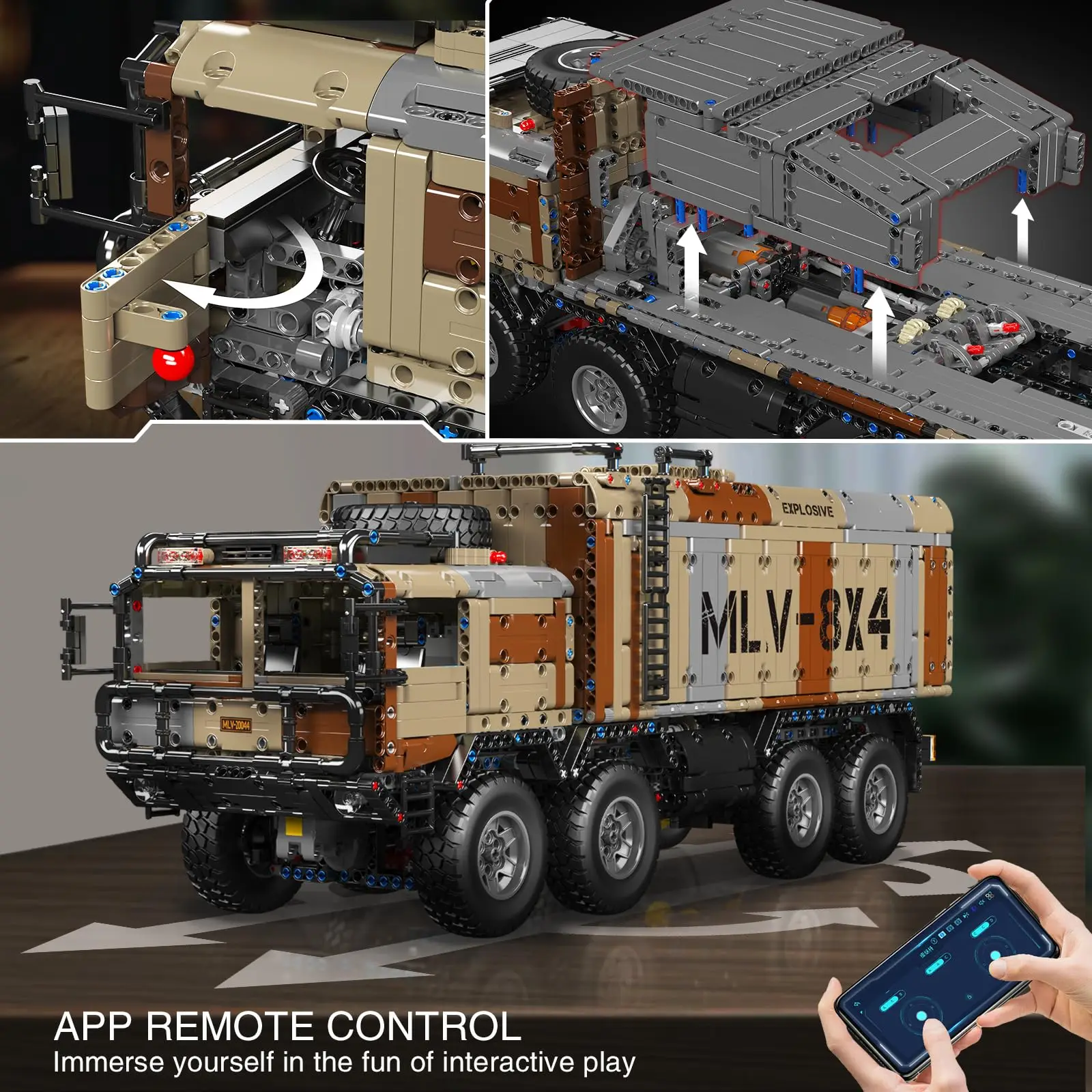 ตัวต่อ Mould King 20044 รถขีปนาวุธทหาร 8x4 รุ่นทะเลทราย ของเล่นตัวต่อแบบประกอบเอง ควบคุมด้วยแอพพลิเคชั่น พร้อมรีโมทคอนโทรล ชุดตัวต่อสำหรับเด็ก