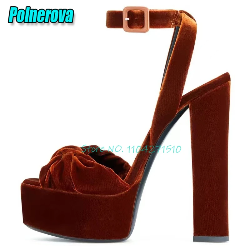 

Luxury Velvet Platform Women's Sandals Elegant Knot Peep Toe Ankle Buckle Strap Thick High Heels Sexy Party Banquet Dress Shoes
