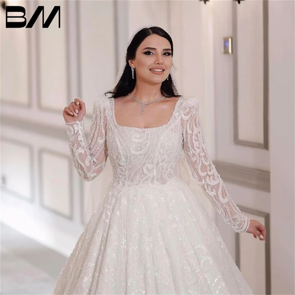 Embroidered Ballgown Wedding Dress Vintage Square Collar Long Illusion Sleeves Bride Dresses Arabic Bridal Gown Vestido De Novia