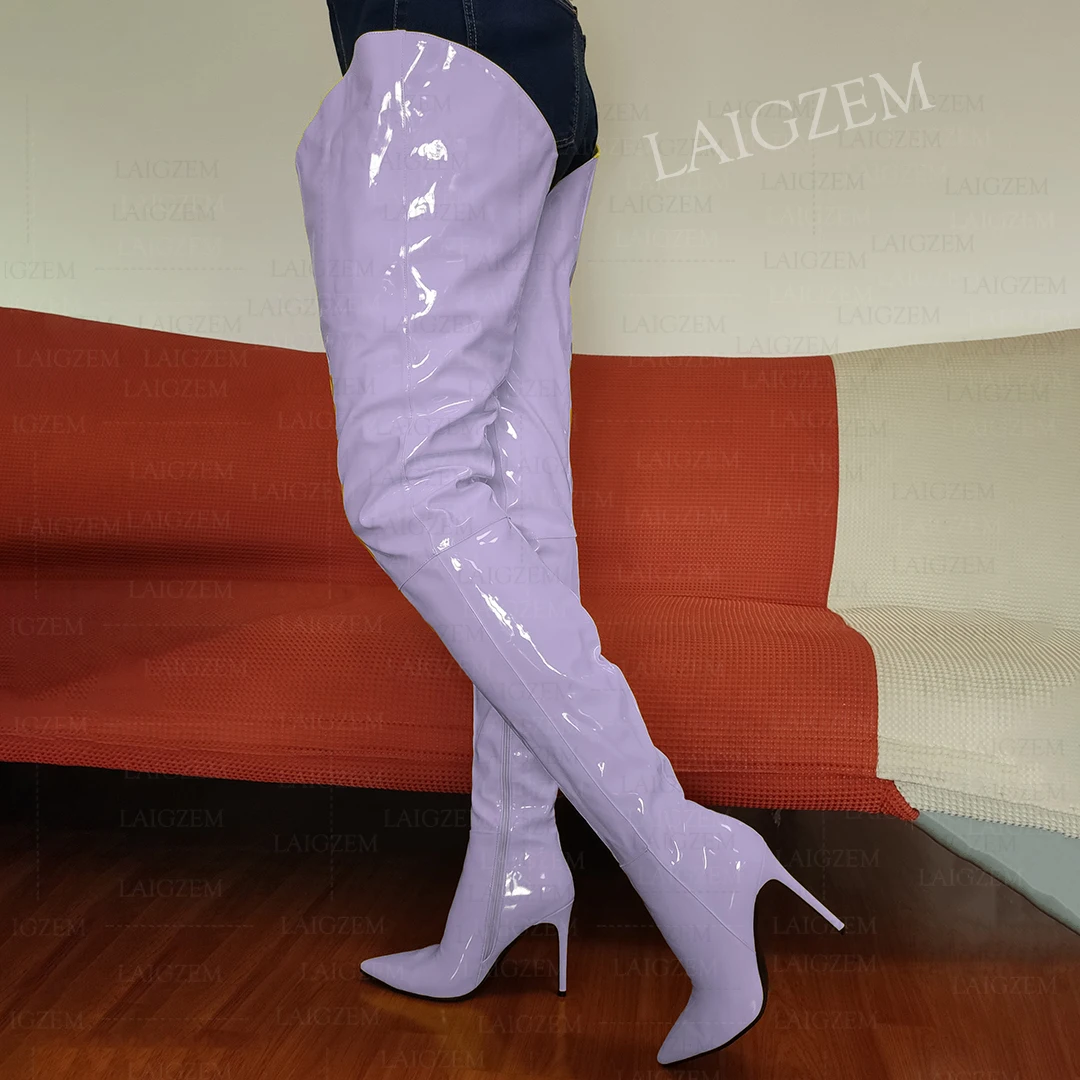 ZHIMA stivali alti con cavallo da donna punta a punta V taglio sottile stivali con tacco alto scarpe da donna alte fino alla coscia donna lucido