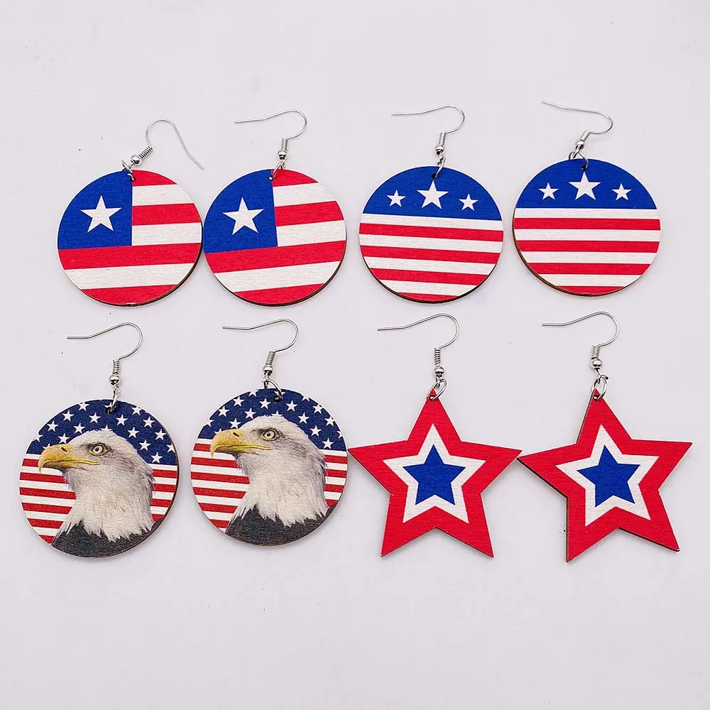 Independence Day Wooden Earrings Studs Set American Flag Eagle Eagle Star Printed Teardrop Earrings for Women Fourth of July