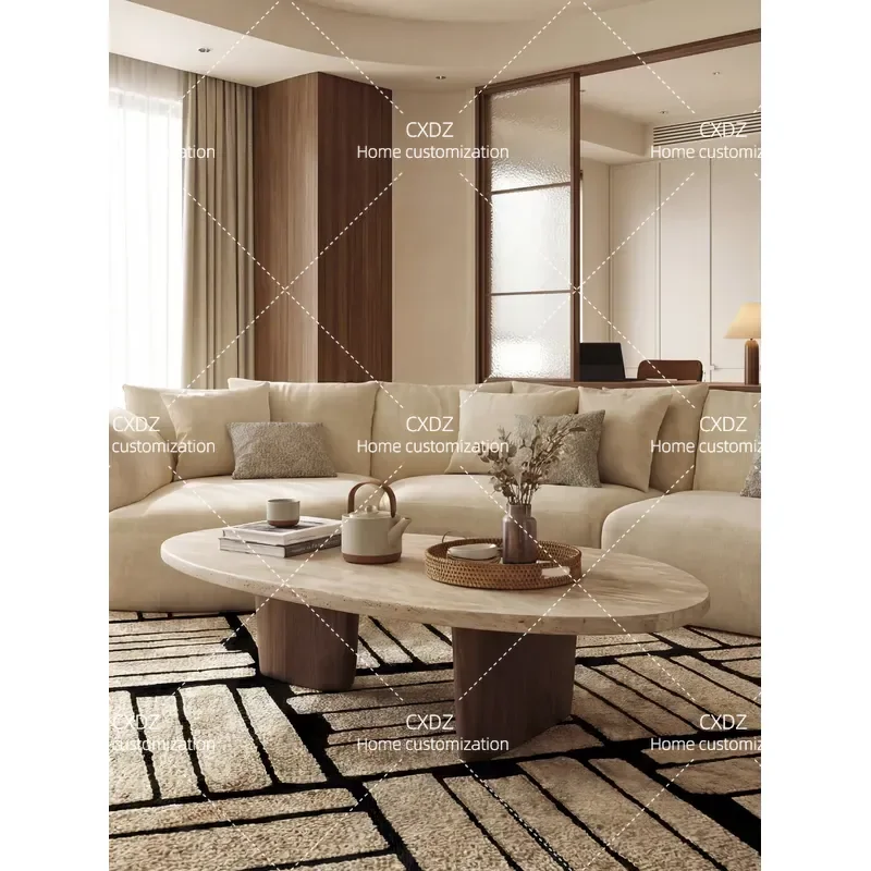 Natural Travertine Coffee Table for Living Room Small Apartment Light Luxury High End Special Shaped Medieval Wabi Sabi Style