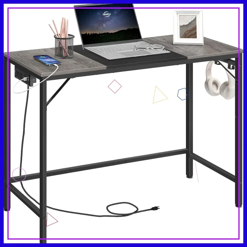 

Modern Home Office Desk with Power Outlet, Study Writing Desk with Hooks, Sturdy and Easy to Assemble in Charcoal Gray