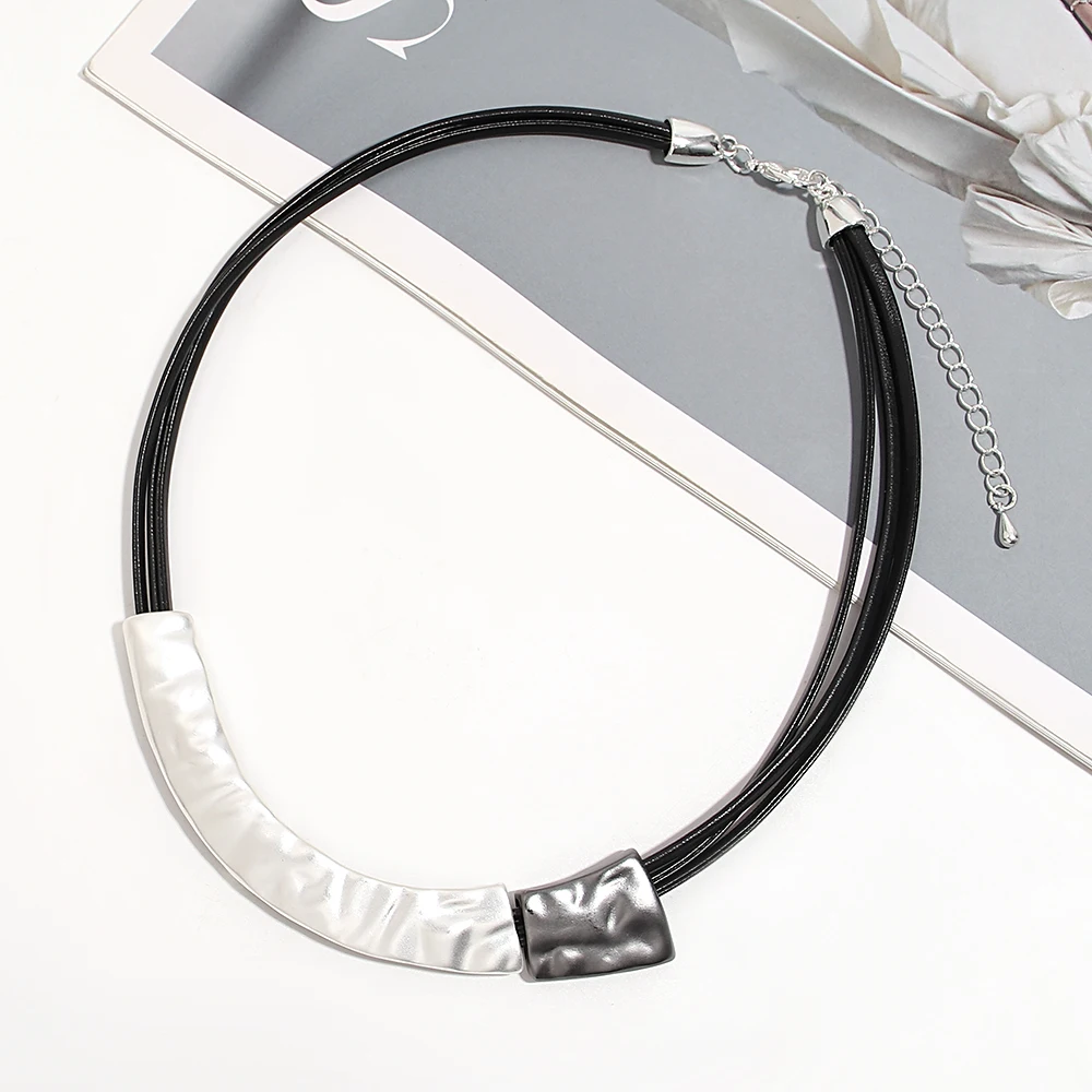Amorcome Minimalist Metal Tube Multilayer Short Necklace for Women Black Leather Rope Necklace Daily Wear Neck Jewelry Gift