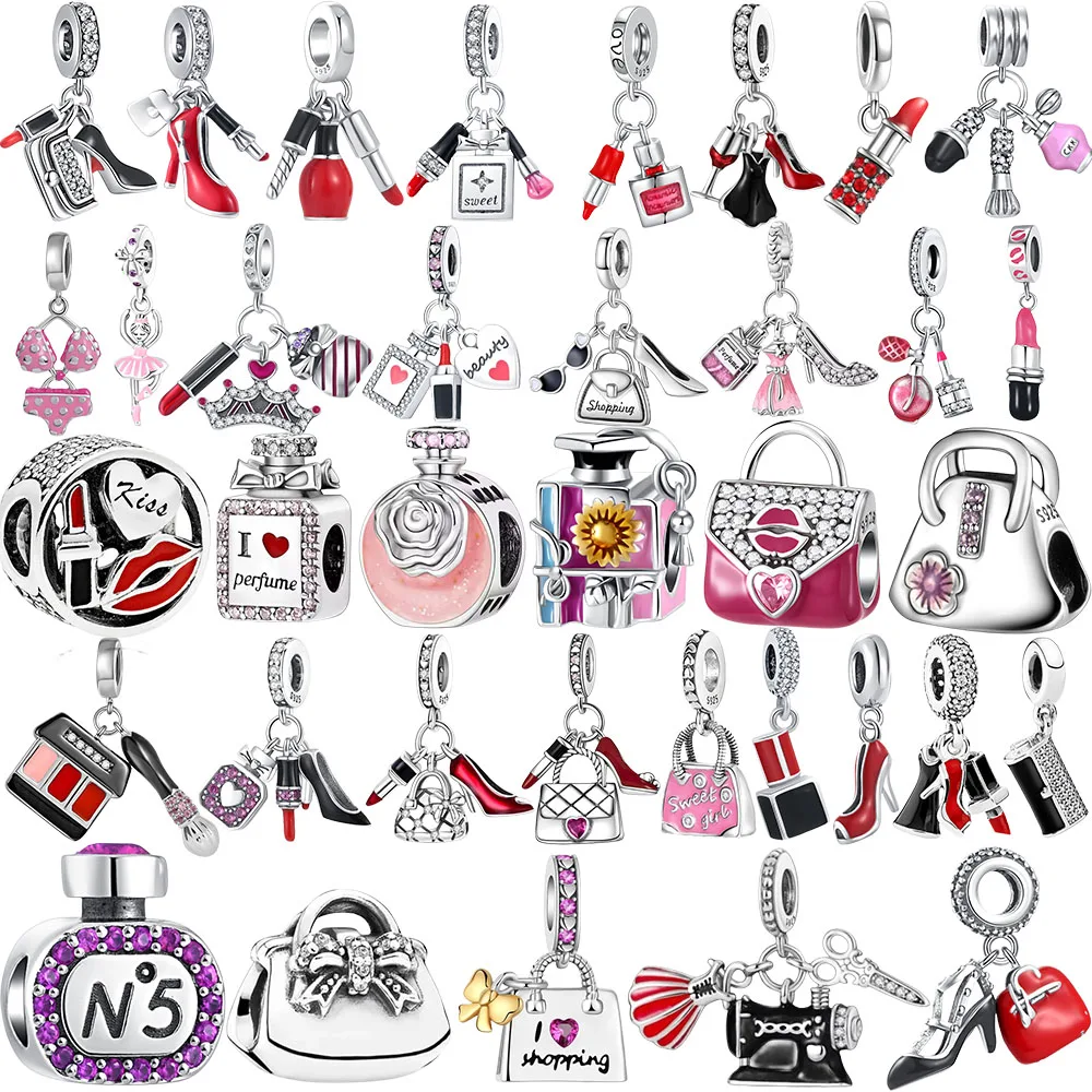

New 925 Sterling Silver Lipstick Perfume High Heels Dangle Charm Bead Fit Brand Snake Original Bracelet Girls Jewelry Red Gifts