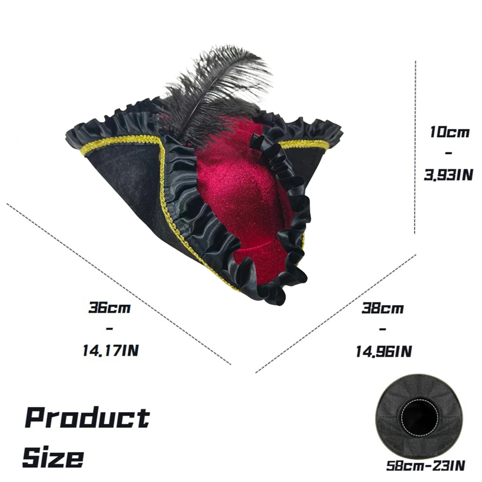 Velvet Pirate Tricorne Hat For Women, Black Red Feather Decor Ruffled Trim Halloween Cosplay Party Costume Accessory