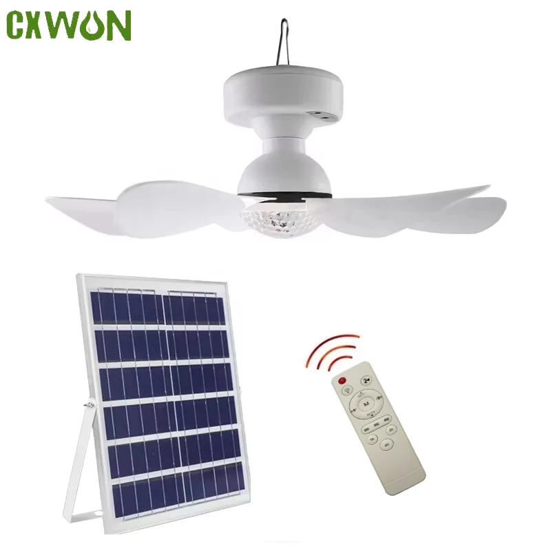 

Solar Panel Charging Ceiling Fan Lights with 3 Color Led Lighting Portable for Outdoor Indoor Use Solar Powered Fan Bulb