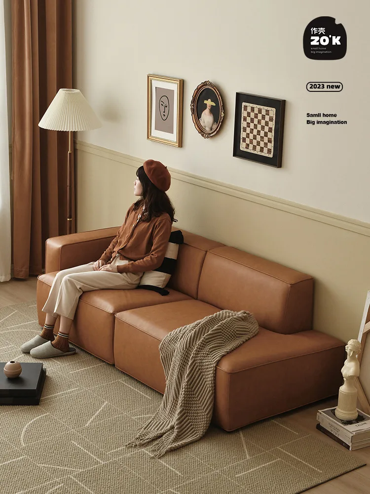

S1 Danish Design | Nordic Light Luxury Ecological Leather Vintage Tofu Block Sofa Three-Seat