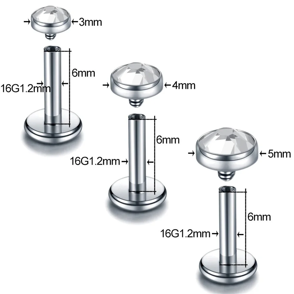 Fashion G23 Titanium Crystal Labret Rings Lip Piercings Ear Helix Stud Tragus Barbell Ear Cartilage Piercings Jewelry TOP 3-5MM