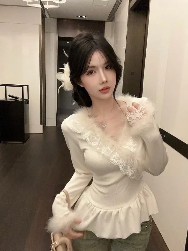 

Элегантная женская блузка с длинным рукавом, V-образным вырезом и кружевной отделкой, на флисовой подкладке, премиум-класса, бренд Nicole Rose, весенняя коллекция, стандартный крой.