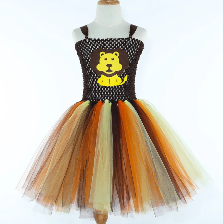 Girl Cartoon Cute Lion Tulle Tutu Dress With Accessories For Kids Disguise Animal Fancy Halloween Carnival Jungle Party Dress Up