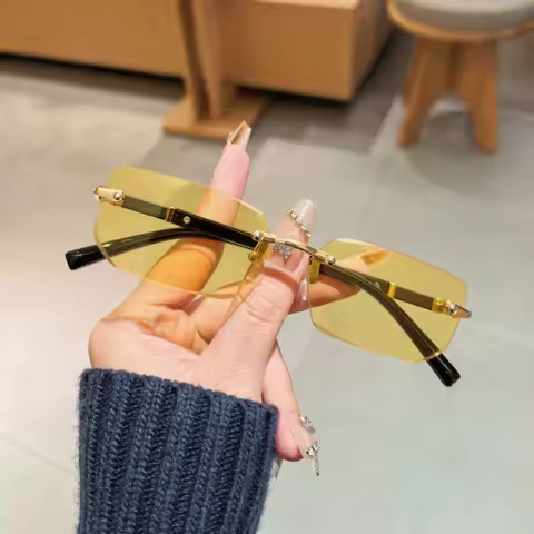 Frameless Cut Edge Box Sunglasses, Fashionable Retro Style, Unisex Outdoor Sunshade Glasses
