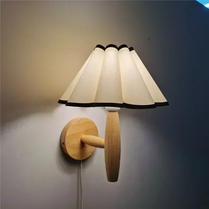 

2025 Wooden Wall Light With Plug Switch Led Interior Wall Lamps Modern Nordic Bedroom Beside Lamp Front Door Wall Light Retro De