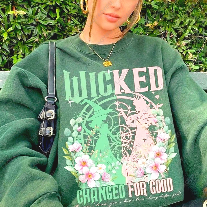 

Пуловер в стиле ретро Wicked Changed for Good, розовая и зеленая ведьма, дефицирующая гравитационная метла, волшебная палочка, женский свитшот с цветочным принтом в стиле бохо