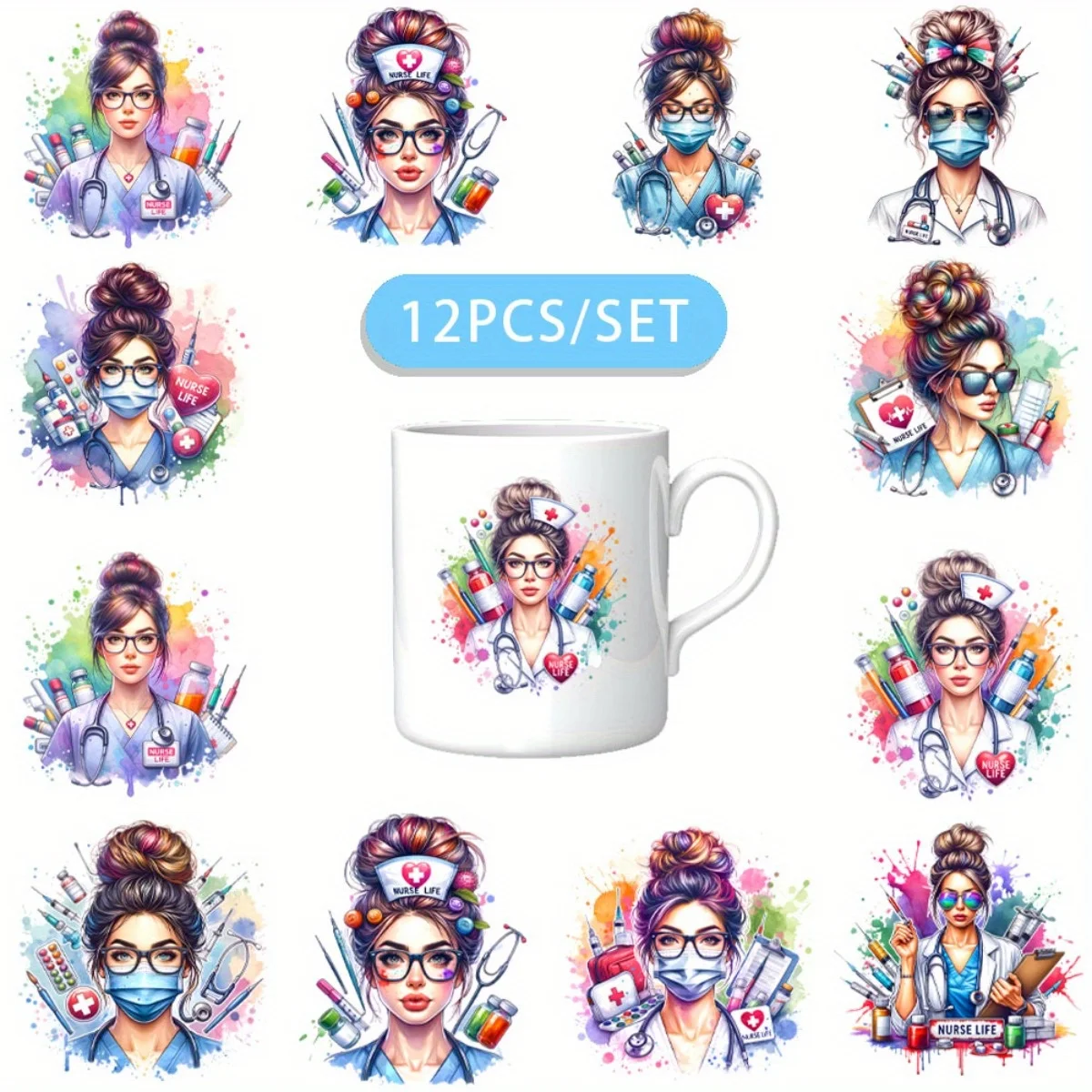 12PCS/SET Watercolor Nurses' Day DIY Skinny Tumblers Wrap Decorative Transfer Paper UV DTF High Self-adhensive Wraps