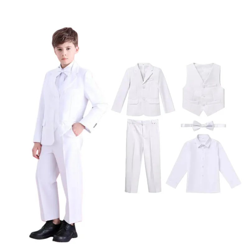 Boys White Baptism Sping Host Piano Performance Suit Children Birthday Ceremony Costume Teenager Kids Wedding Party Dress