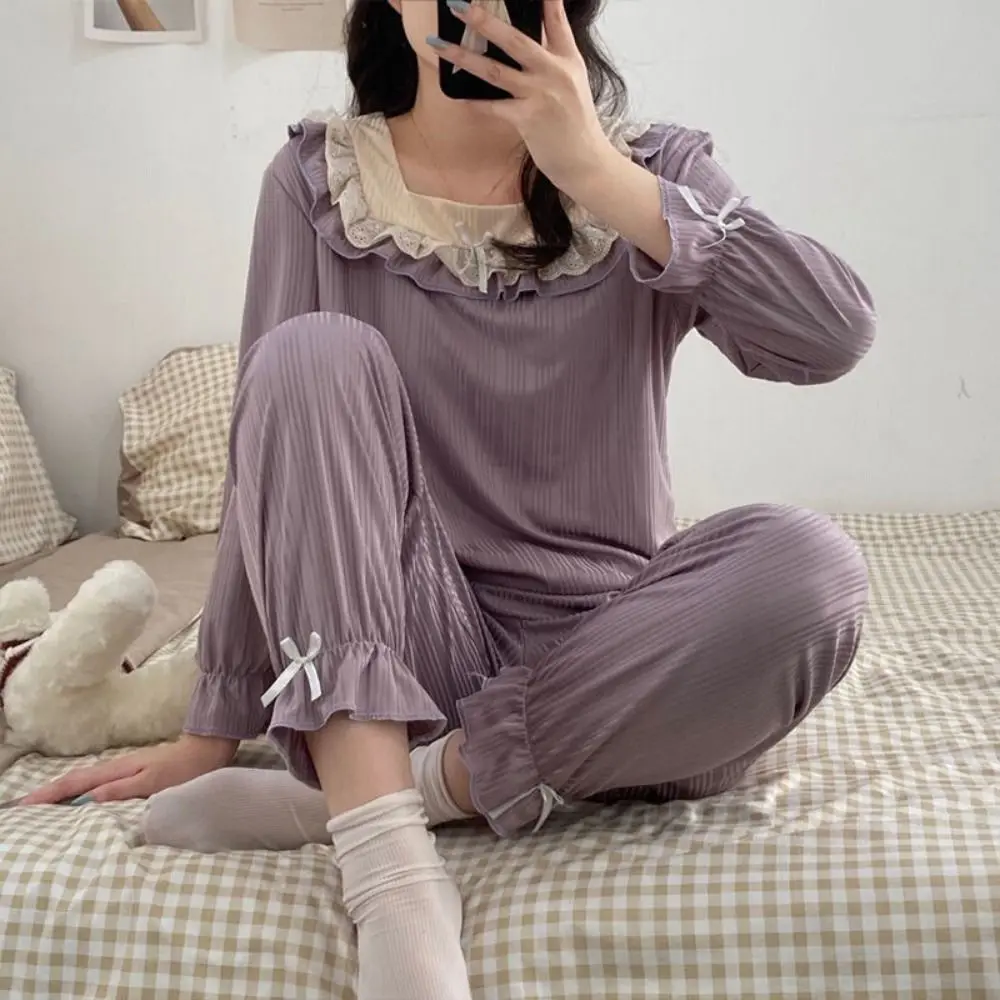 

Cute Bow Knot Spring Pajamas Set Pants Thin Section Long Sleeve Pajamas Loose Princess Style Sweet Adult Pajamas Teenage