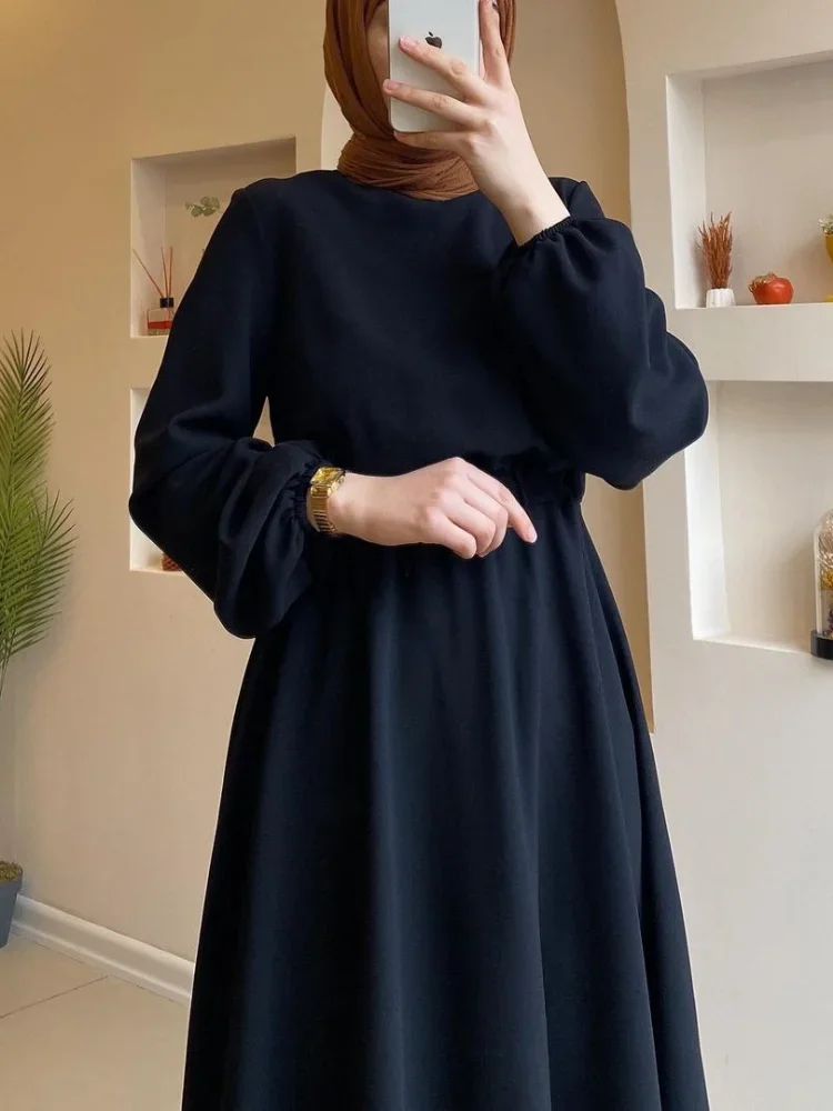 Temperament Commuter Women Muslim Dress Lantern Sleeve Round Neck Loose Comfortable Elastic Waist A-Line Female Trendy Dresses