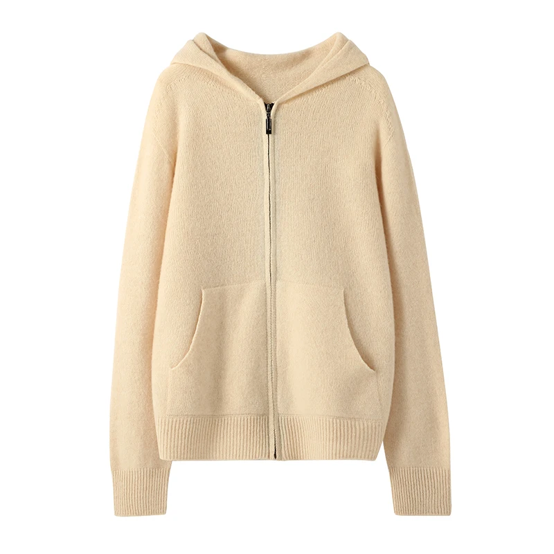 Hooded sweater for female outerwear wearing autumn and winter zippered sweater with thickened soft glutinous pure wool coat