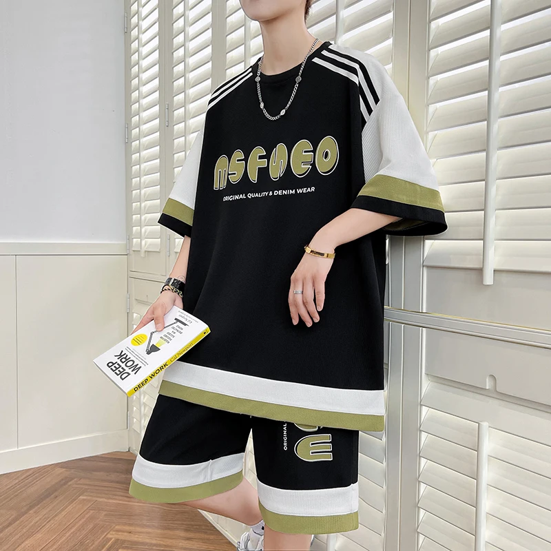Summer Short Sleeve Men's T-shirt Casual Loose Couple Half Sleeve Men's Clothing Set High-End Feeling Polyester Fiber