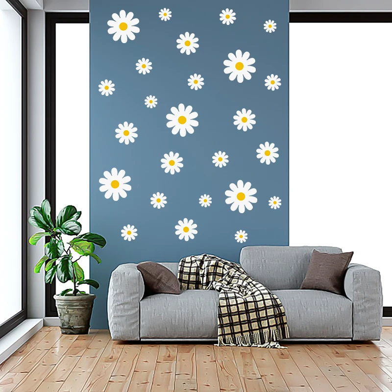 14/34Pcs White Daisy Wall Stickers For Bedroom Living Decor Baby Room Girl Bedroom Art Flowers Wall Stickers Kid Room Decoration