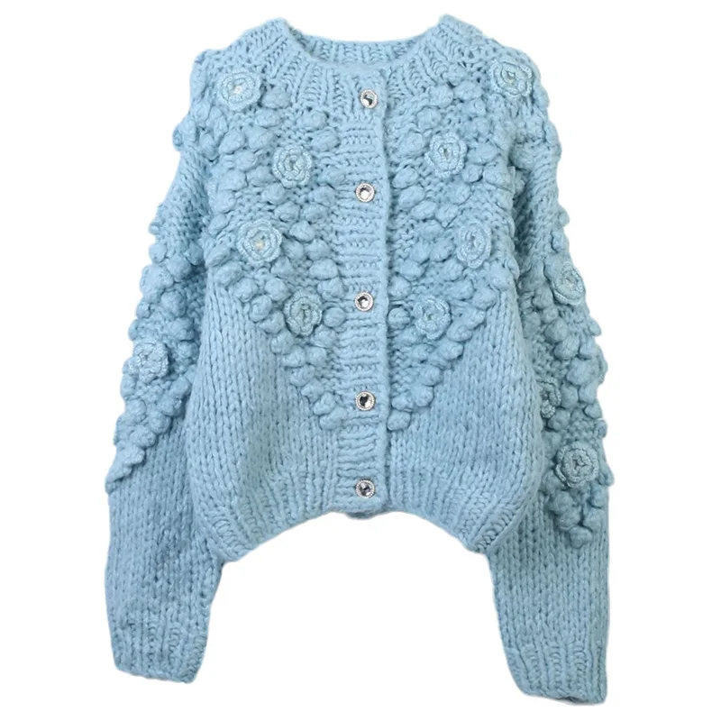 

Knitted cardigan jacket women Retro 2025 autumn/winter casual loose lazy Hand Hook Flower long sleeved thick basic Simple