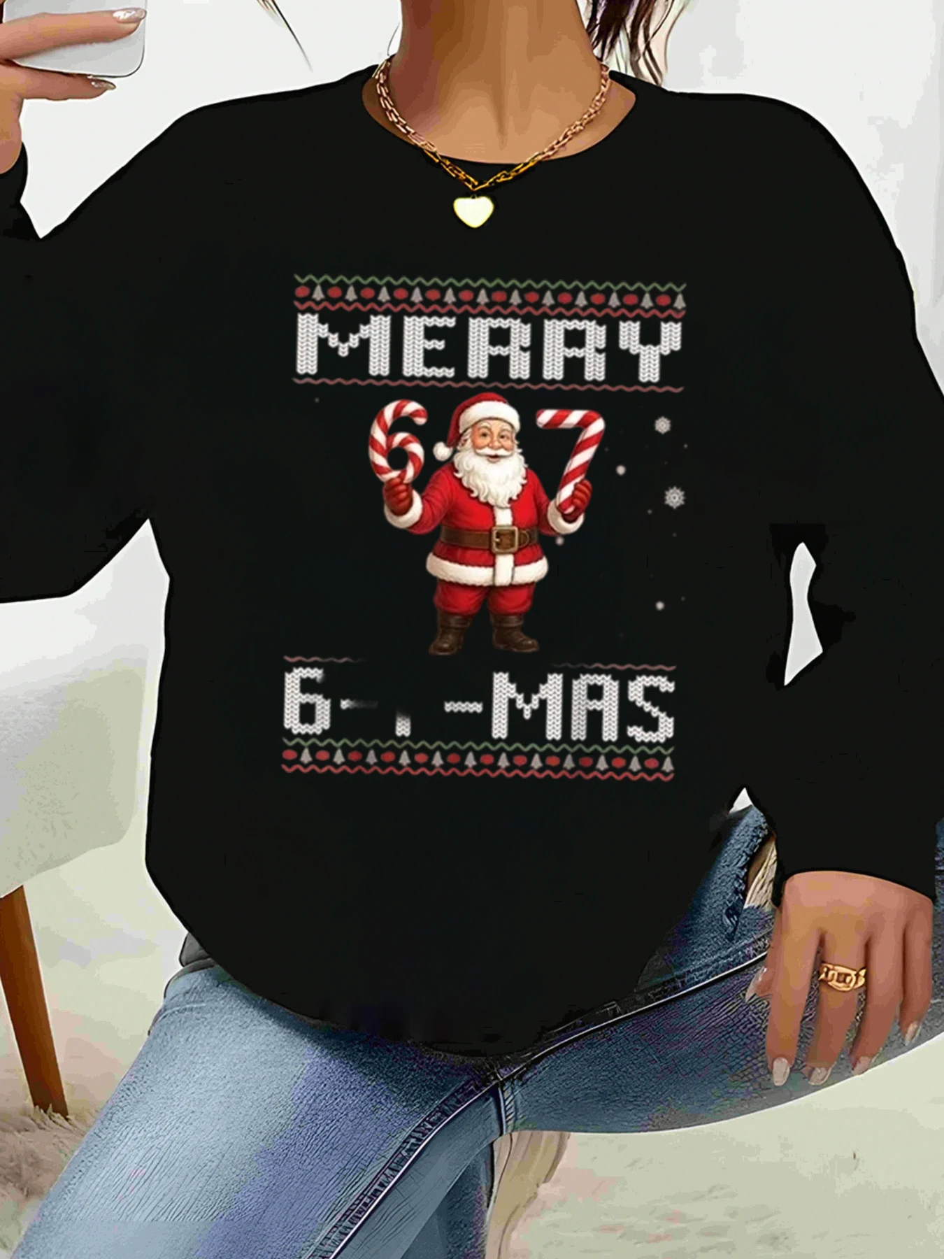 Papai Noel Candy Cane Merry 6 Mas Imprimir Natal Suéter de manga comprida feminino festa de férias roupa casual