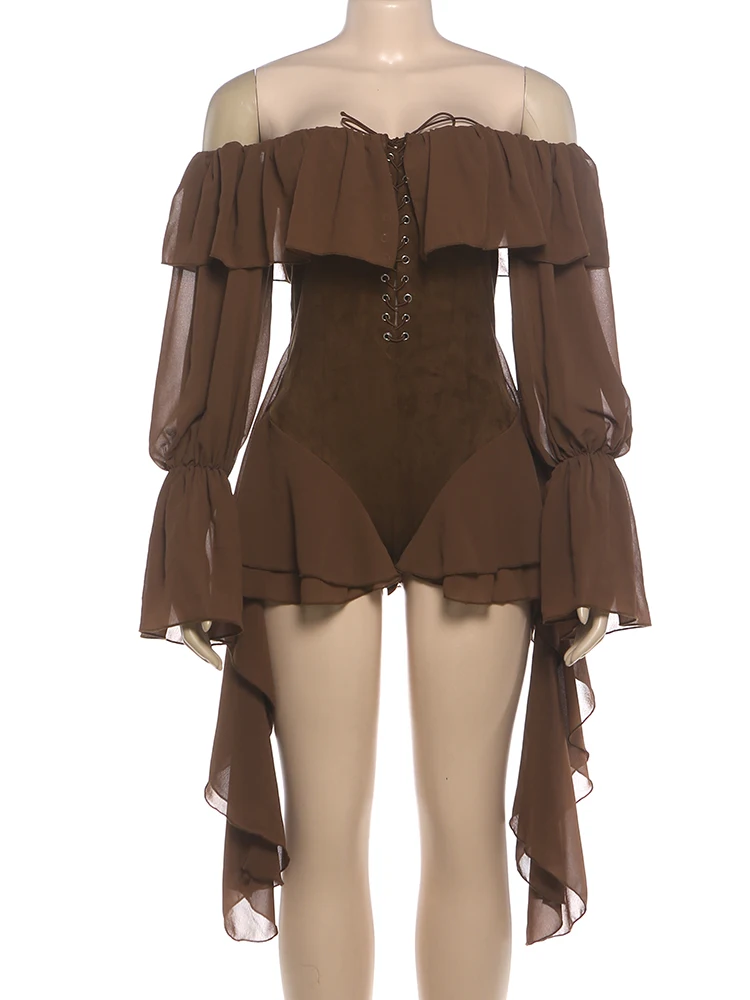 Weird Puss Rüschenrand Elegantes Bodysuit-Kleid für Damen, Mesh-Patchwork, schräger Ausschnitt, ausgestellte Ärmel, Geburtstagsparty-Stil, Mini-Bodycon – Detail 3
