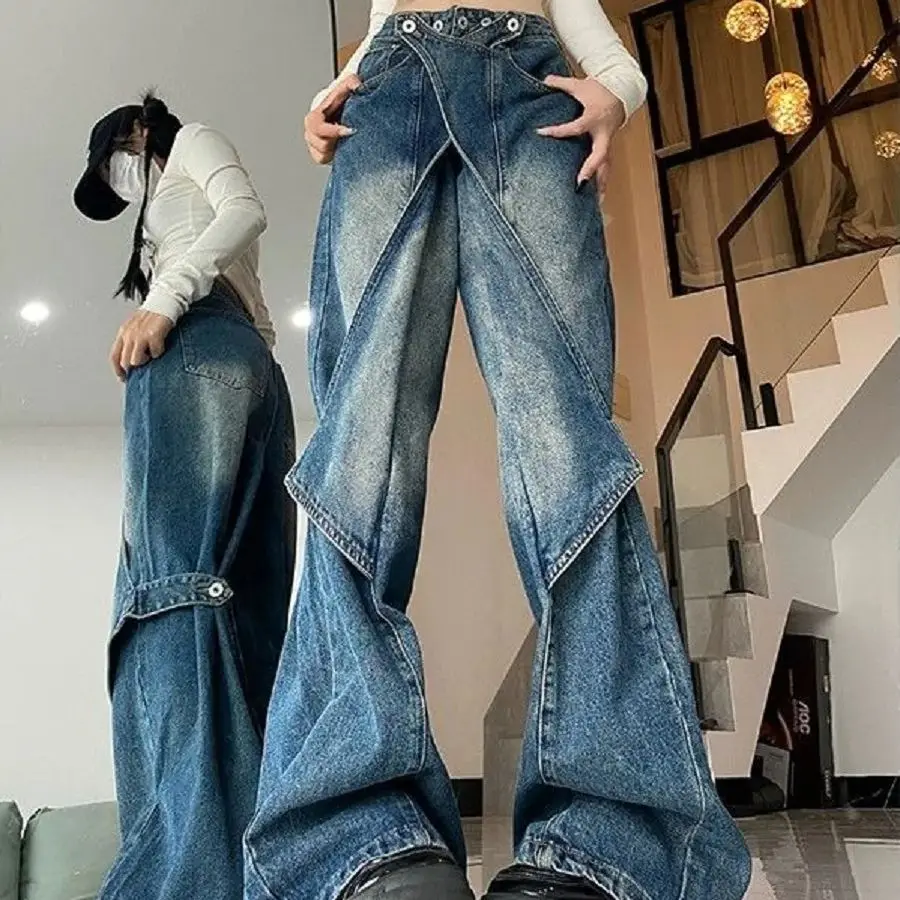 American Retro Heavy Industry Washing Work Jeans Women Deconstructed Pants High Street Straight Loose Wide-Leg Floor Trousers