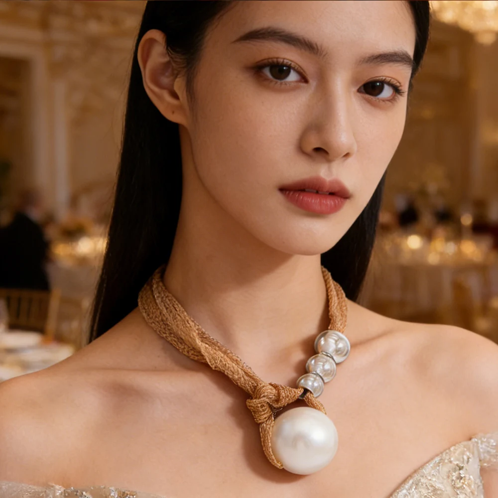 

Fashion Big Pearl Mesh Fabric Chain Necklace For Women Trendy Luxury Wedding Party Jewelry Female Exaggeration Accessory Gift