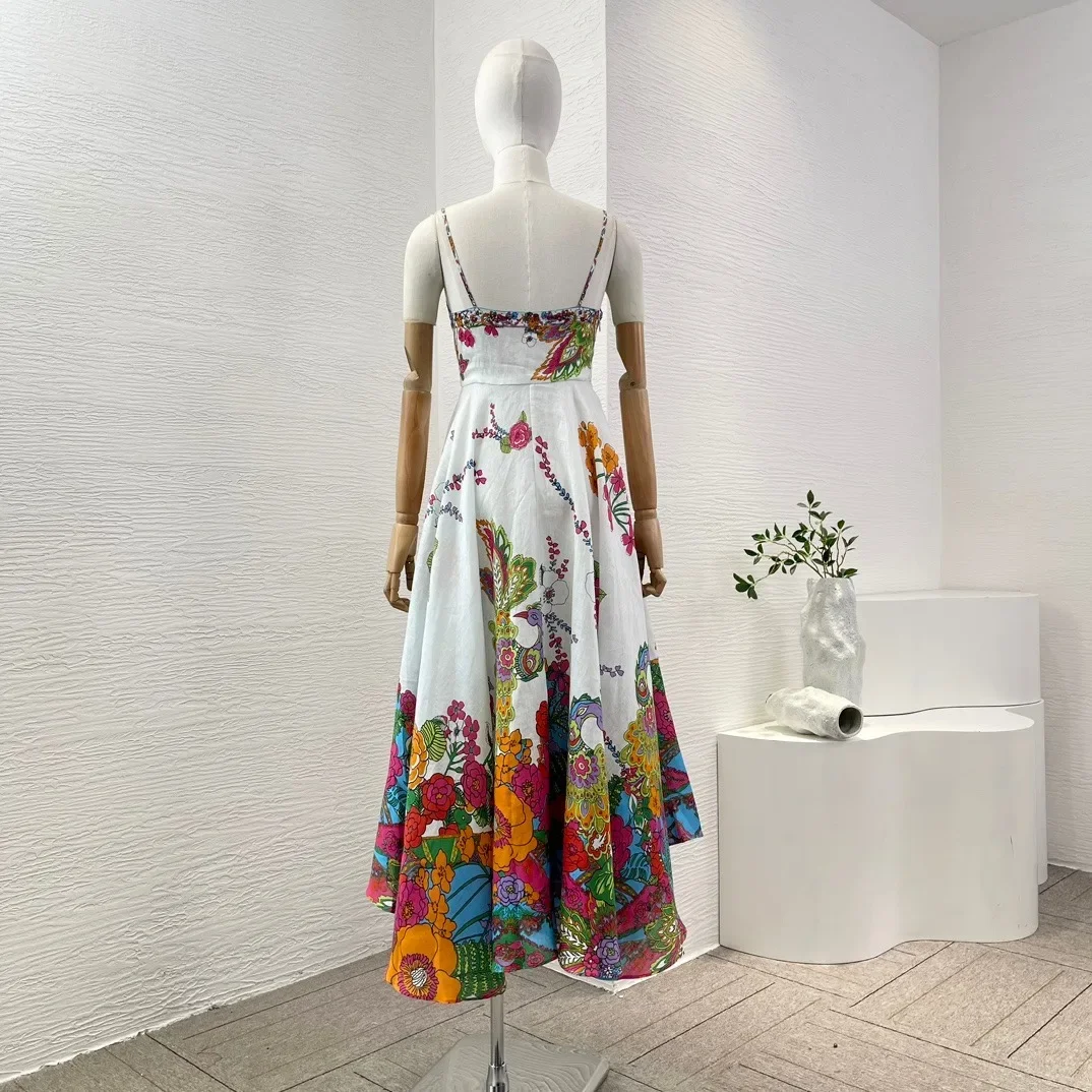 White Floral Print Peacock 2024 New Sleeveless Diamonds Midi Dress for Women