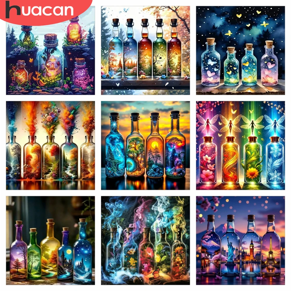 HUACAN Bottle Landscape Diamond Mosaic Four Seasons Tree Painting 5d Nature City Art Full Square Round Drill Handicrafts