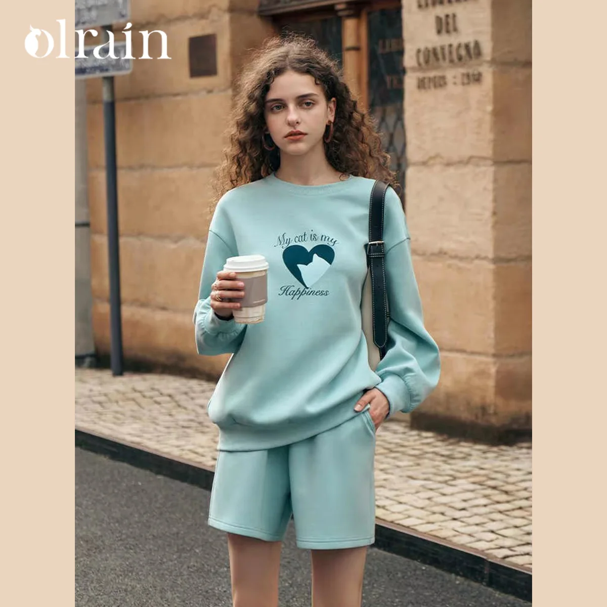 

OLrain Knit 2 Pieces Short Sets Sport Print Lazy Sweatshirt Elastic Waist Shorts Cotton Tracksuits Sets 2025 Spring N56QE85005