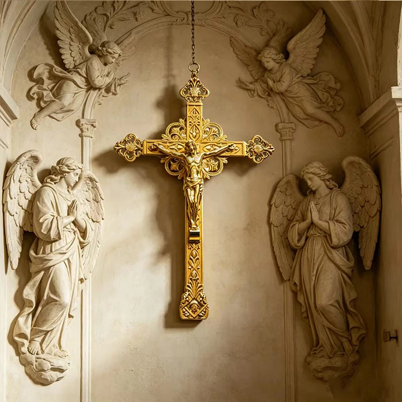 Luxury Gold Plated Filigree Wall Crucifix Cross with Jesus Corpus for Catholic Christian Home Altar Prayer Decor Gift