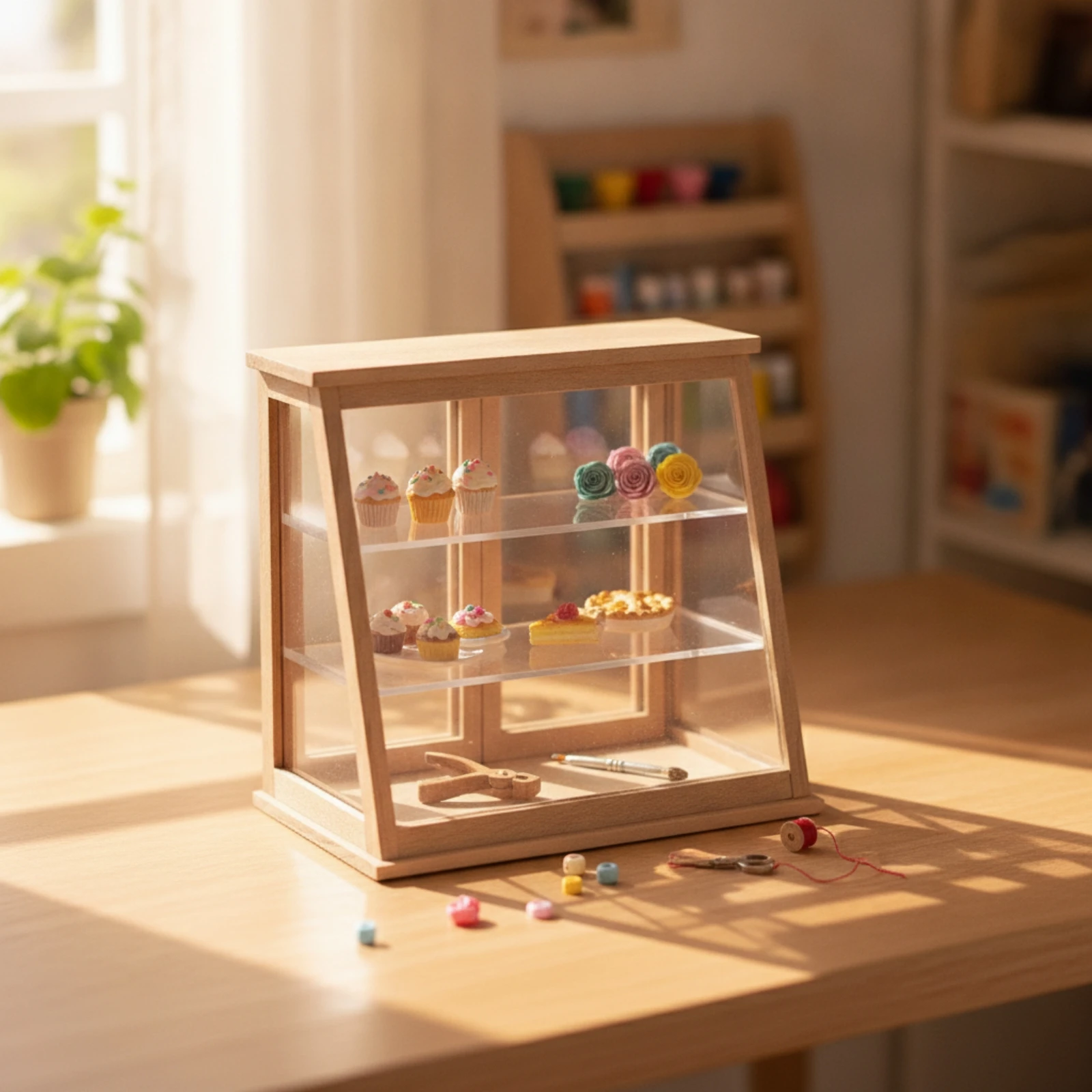 Dollhouse Bakery Cabinet 1/12 Scale Dollhouse Display Cabinet Furniture Wooden Slanted-Front for Diorama